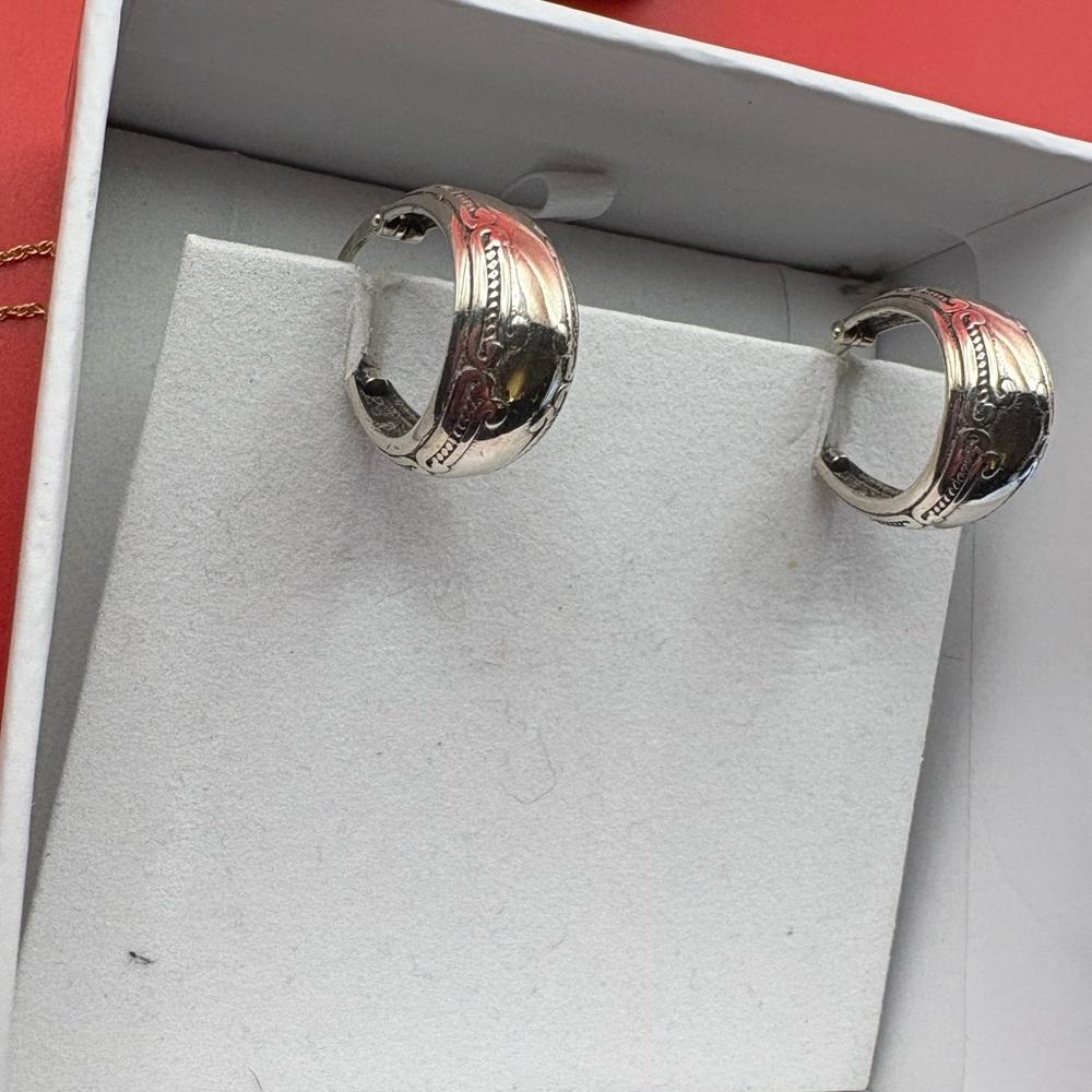 Sterling Silver Oval Ornate Hoop Earrings